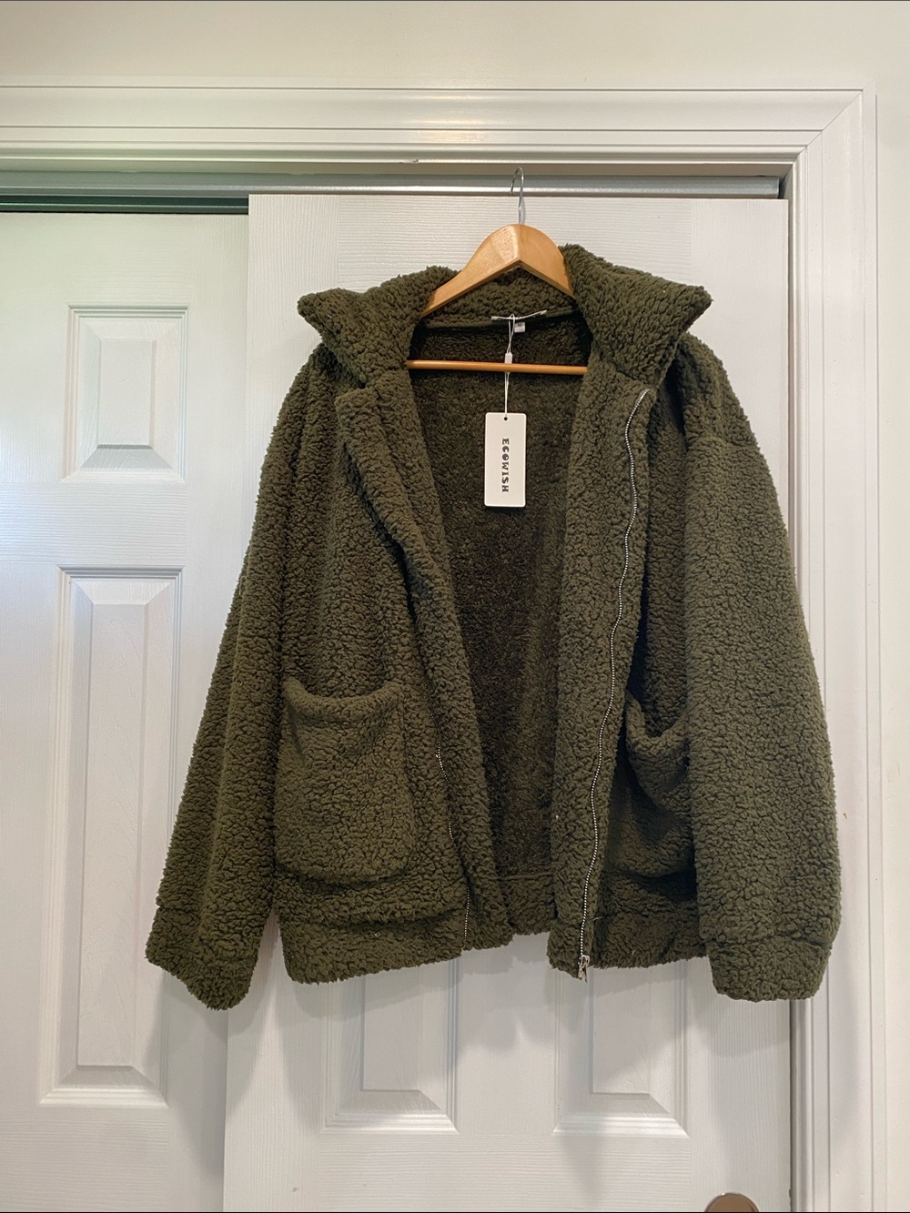 Olive Teddy Sherpa Zip Hoodie Jacket